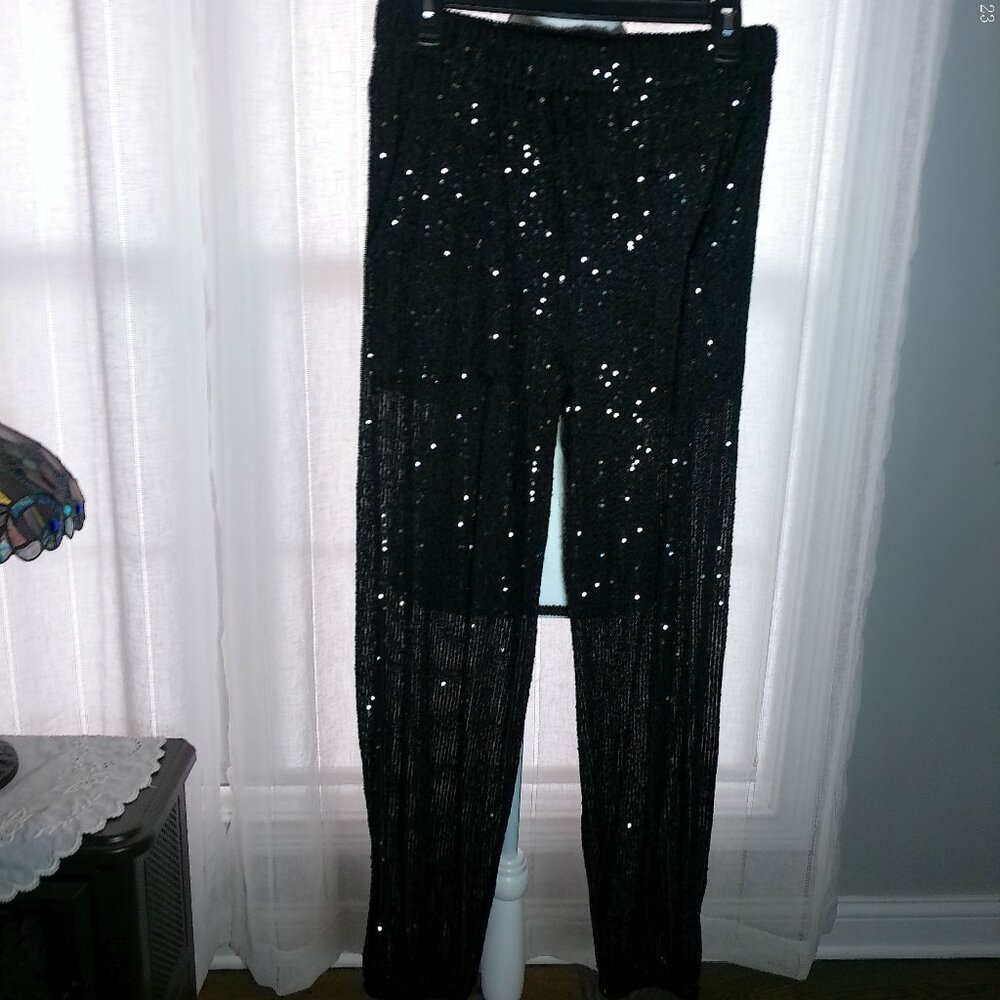 POL Sequins Jogger Pants w/Partial Lining High Rise Straight Leg Black M
